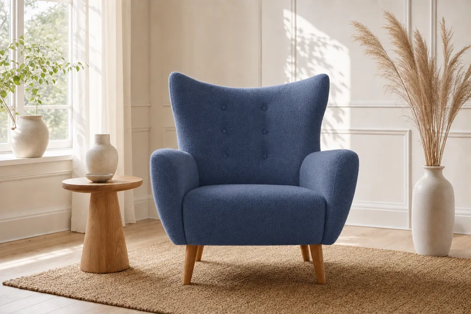 Wingback chair in blue, living room