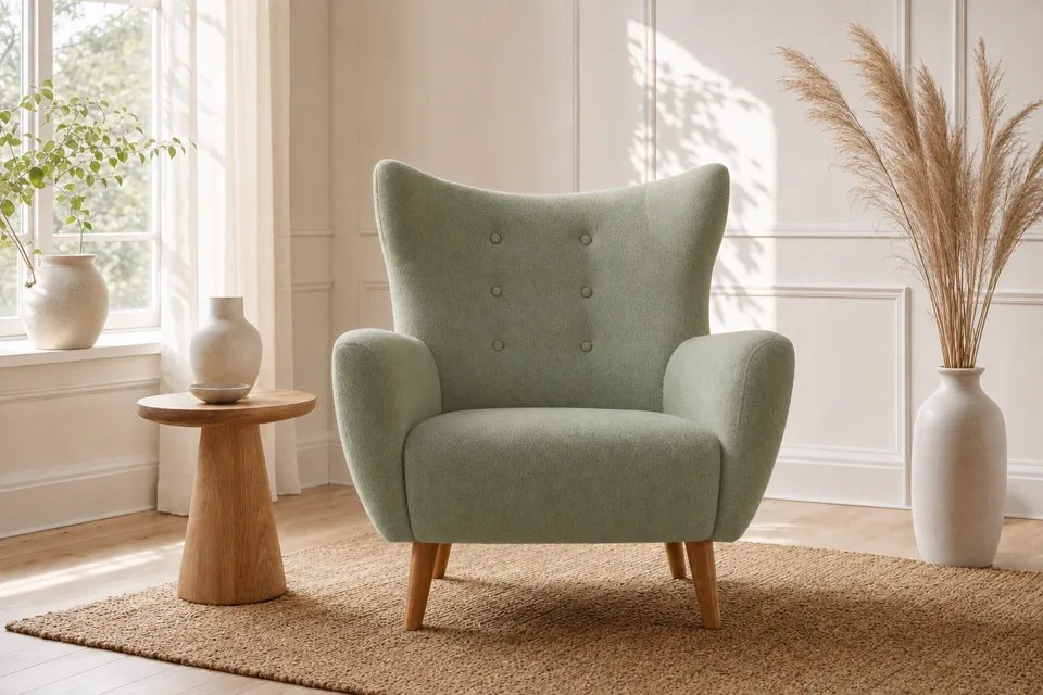 Wingback chair in sage green, living room