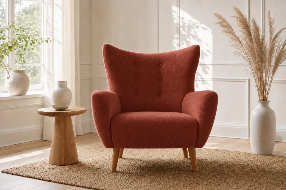 Wingback chair in rust, living room