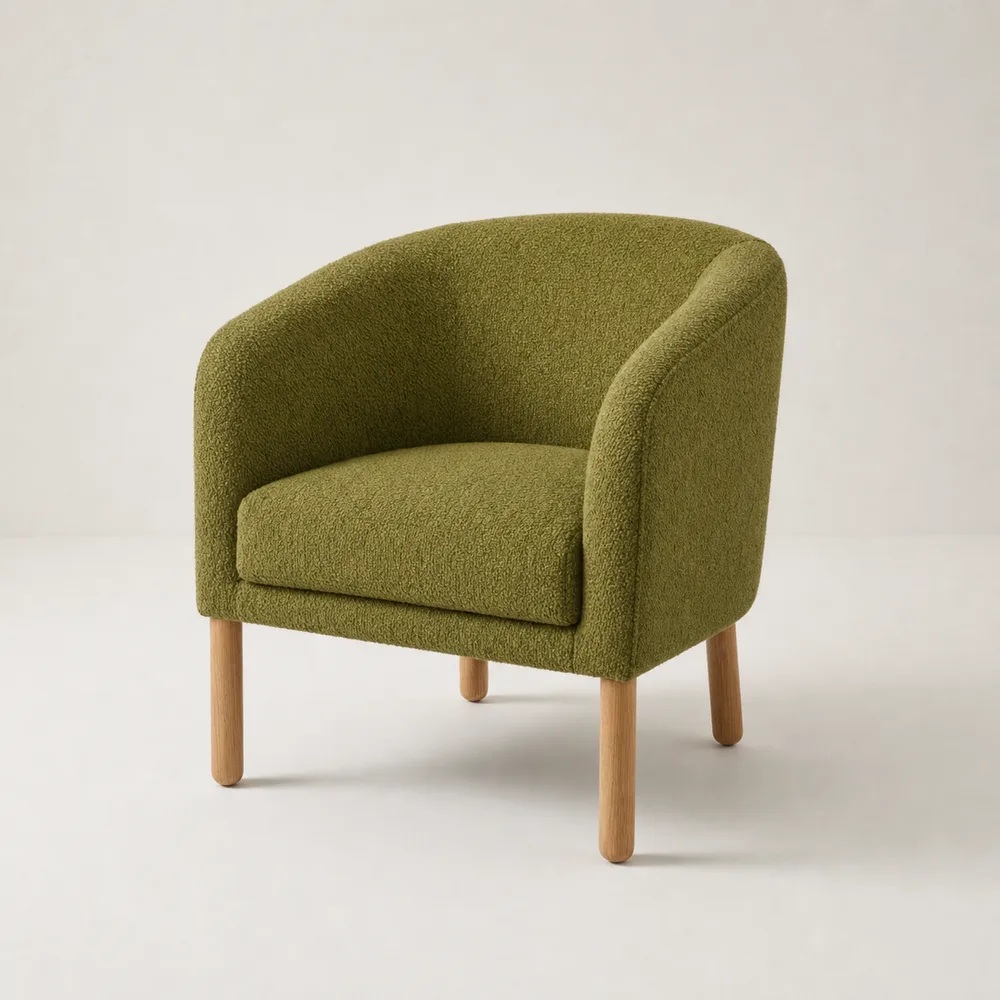 The same tub chair in olive green weave