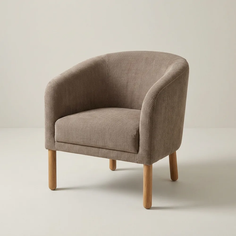 Tub chair in taupe corduroy, studio
