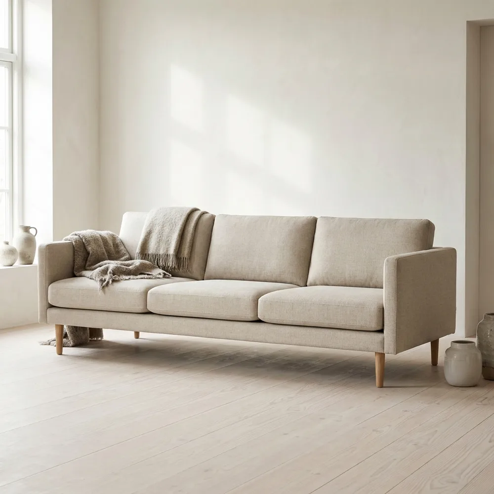 Three-seater sofa in oatmeal linen, living room