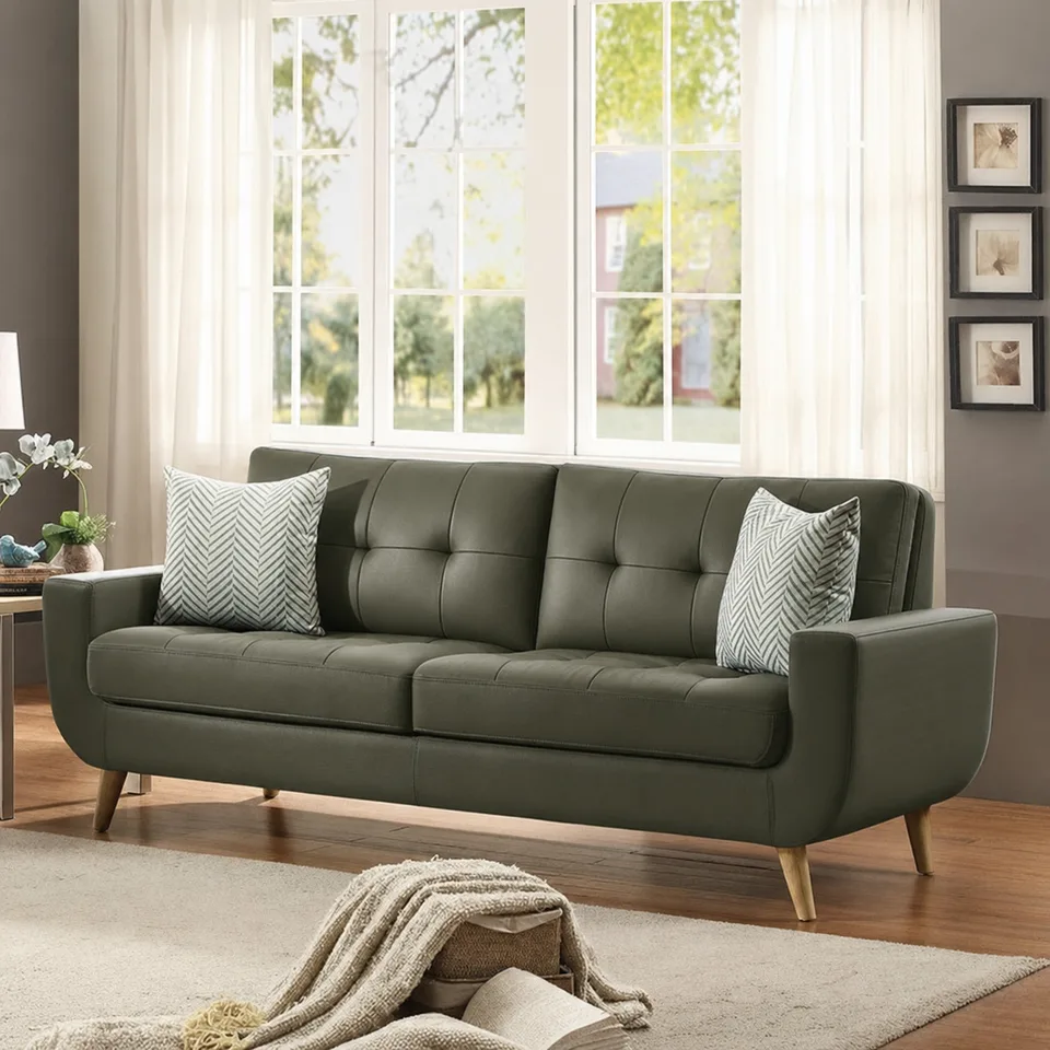 Sofa converted from fabric to olive leather