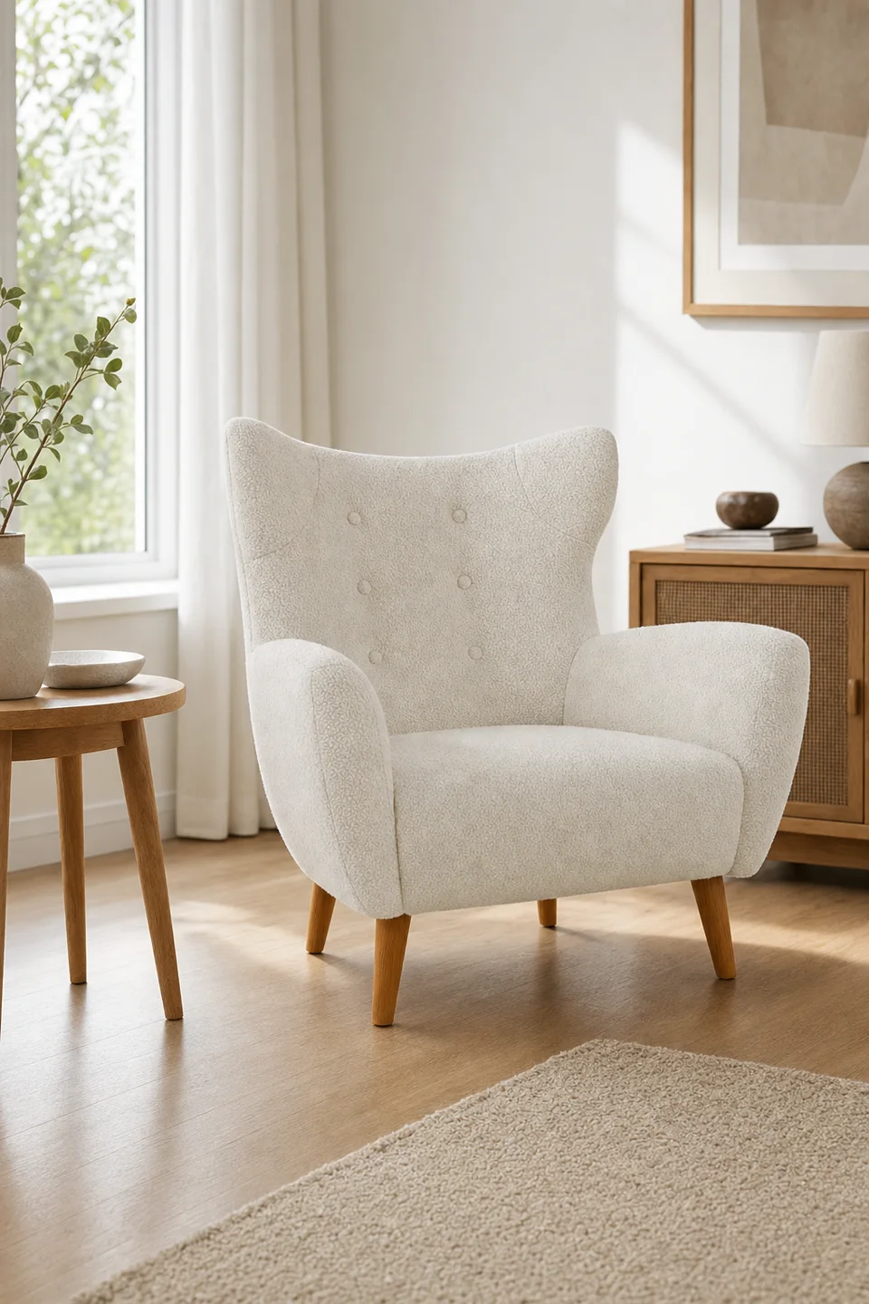 Armchair placed in a styled Scandinavian living room