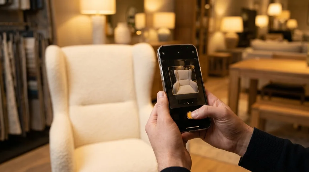 Hands holding a phone photographing an armchair on a showroom floor, with a square capture frame on the screen