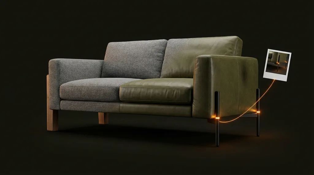 A sofa converting to olive leather while its legs become slim black metal, guided by a floating reference photo of those exact legs