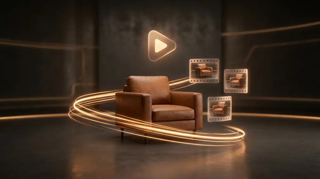 A cognac armchair surrounded by cinematic amber light streaks, a floating film strip and a play symbol